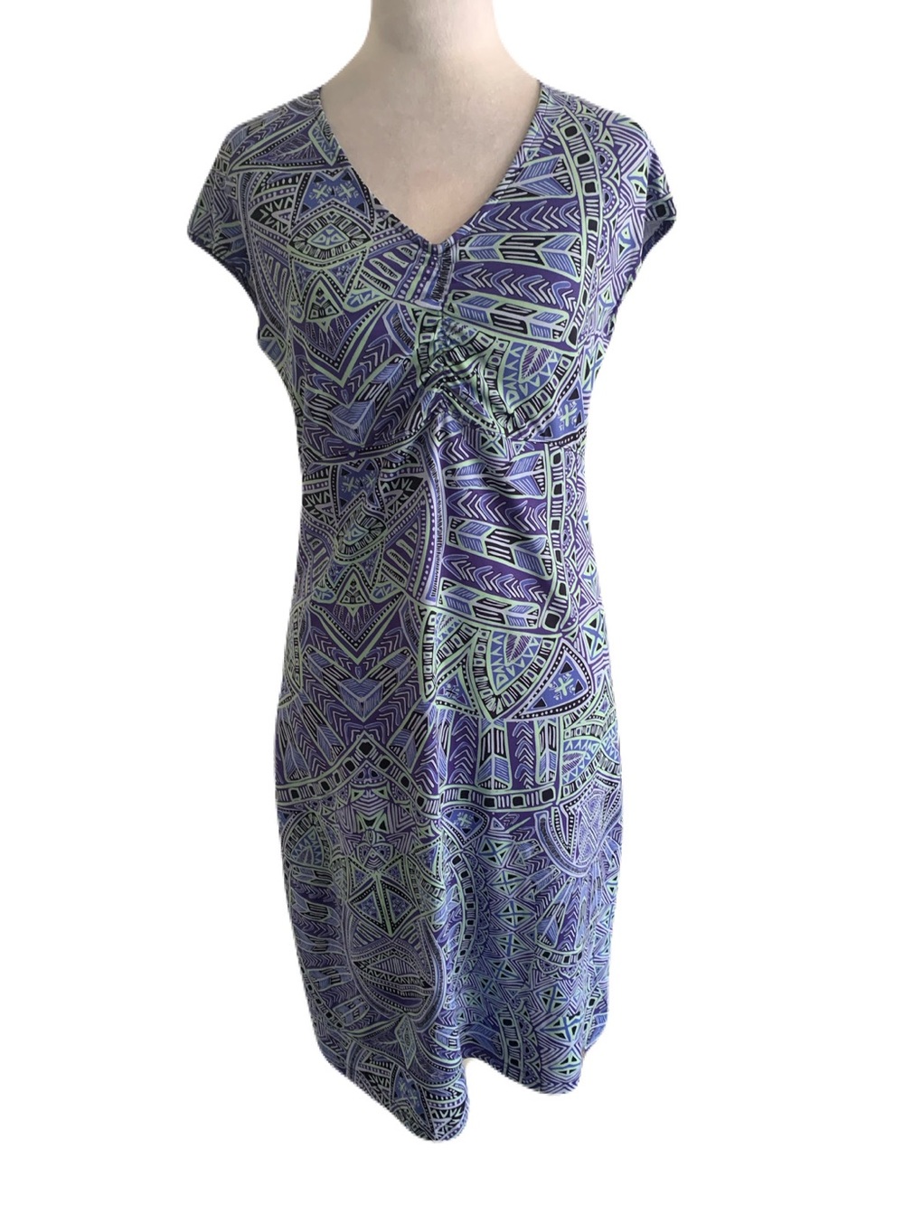 Title Nine Womens Small Purple & Green Geometric Print Sporty V Neck Mini Dress